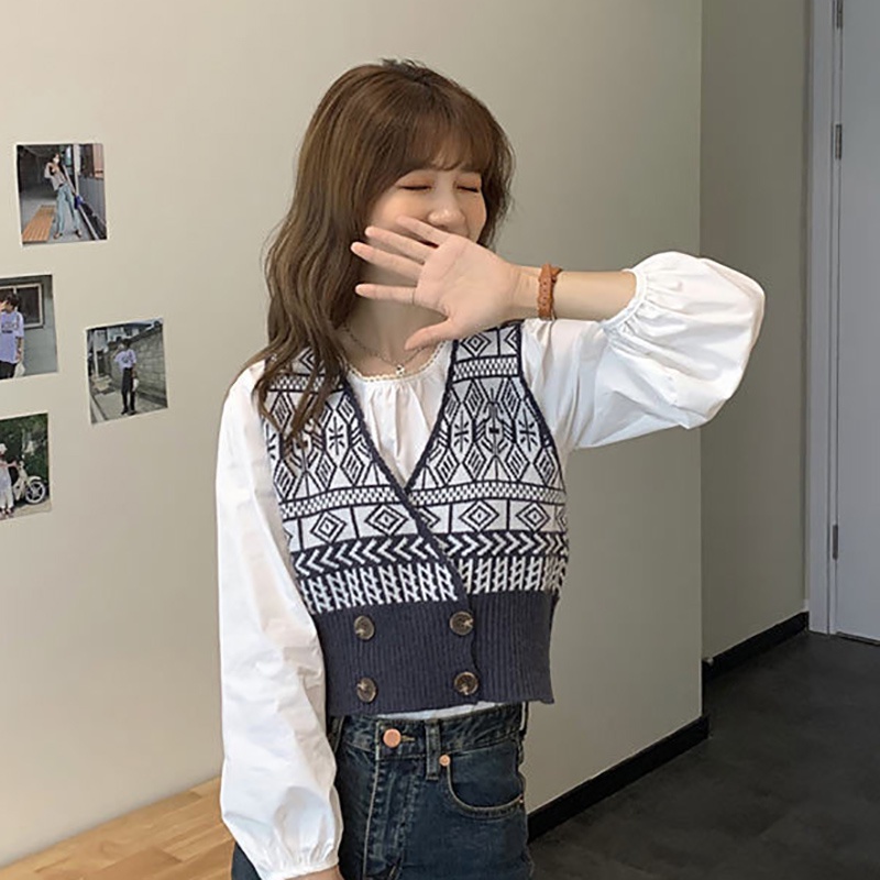 Áo sweater IELGY đơn giản màu sắc retro dệt kim gấp nếp