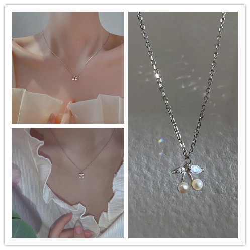 Vòng cổ Bạc 925 Mặt Hình Quả cherry Đính Đá Ngọc Trai Phong Cách retro Thời Trang Cho Nữ