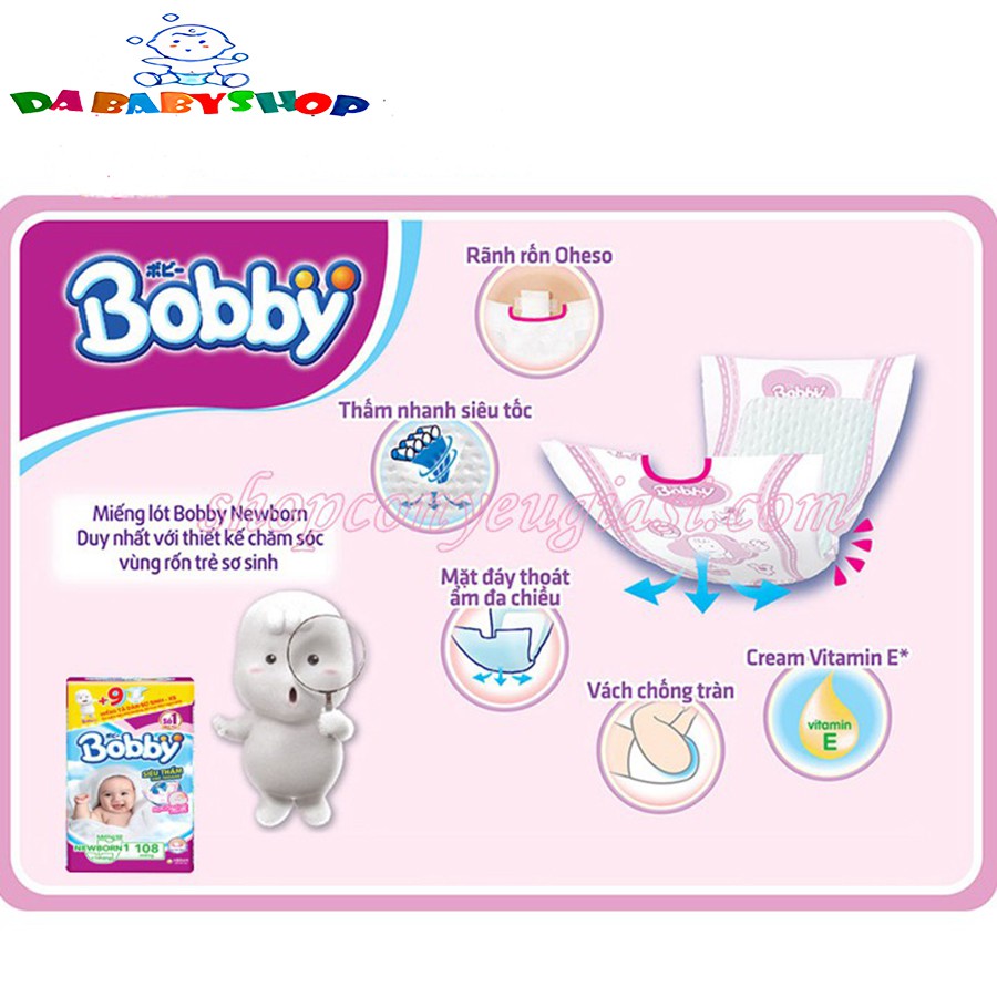 Miếng lót Bobby Newborn 1 - 108 miếng - Tặng Thêm 3 Miếng Tã Dán Bobby Size XS