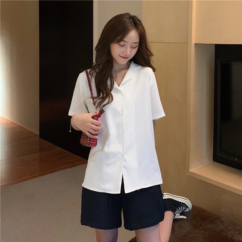 Áo Sơ mi Nữ Cổ Vest Cộc Tay 🦋 Áo Somi Nữ Vải Đũi Lụa Dáng Trơn 4 Màu 🦋