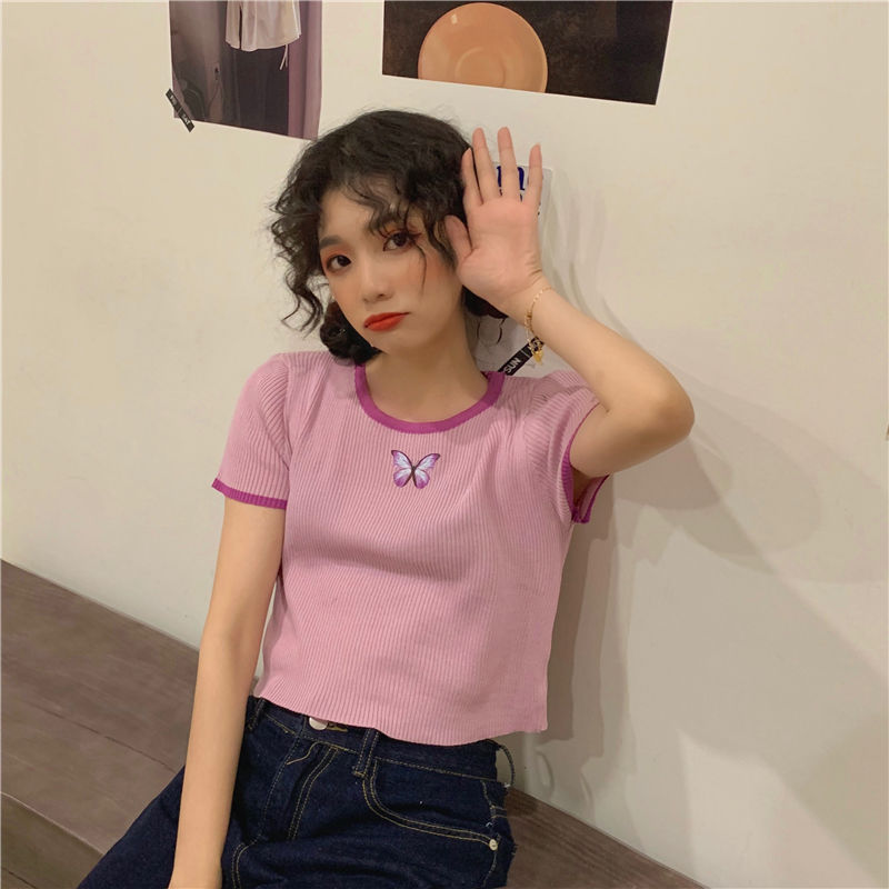 Áo thun nữ tay ngắn in hình bướm phong cách Harajuku phiên bản Hàn