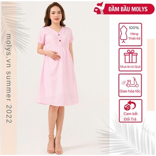 Đầm bầu thiết kế dáng baybydoll MOLYS M2451 cúc giữa vải thô đũi hồng phấn kẻ trắng tôn da đủ size mặc đến hết thai kỳ
