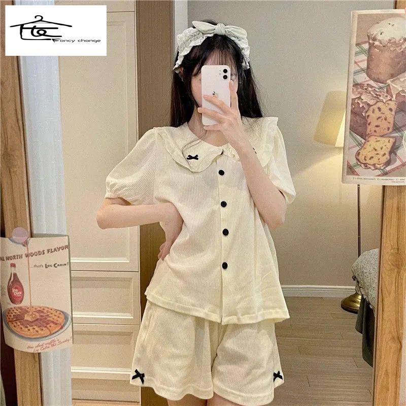 Bộ Đồ Ngủ Ngắn Tay Cổ Búp Bê Thắt Nơ Phong Cách Thời Trang Mới Dành Cho Nữ