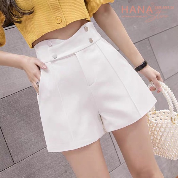 Quần sooc nữ ống rộng ôm mông dáng ngắn cạp viền cao cách điệu - Màu Đen Kem - Vải dày mềm - Mặc đi biển học làm công sở