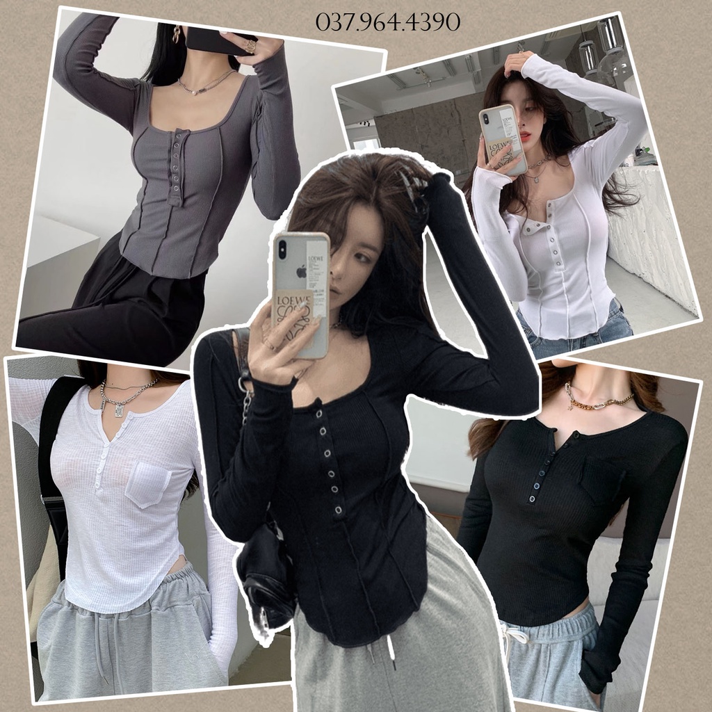 SUA006 Áo thun body túi ngực cài khuy đen trắng vàng Ulzzang Phông dáng ôm sexy basic Hàn Quốc đơn giản đi học đẹp cute