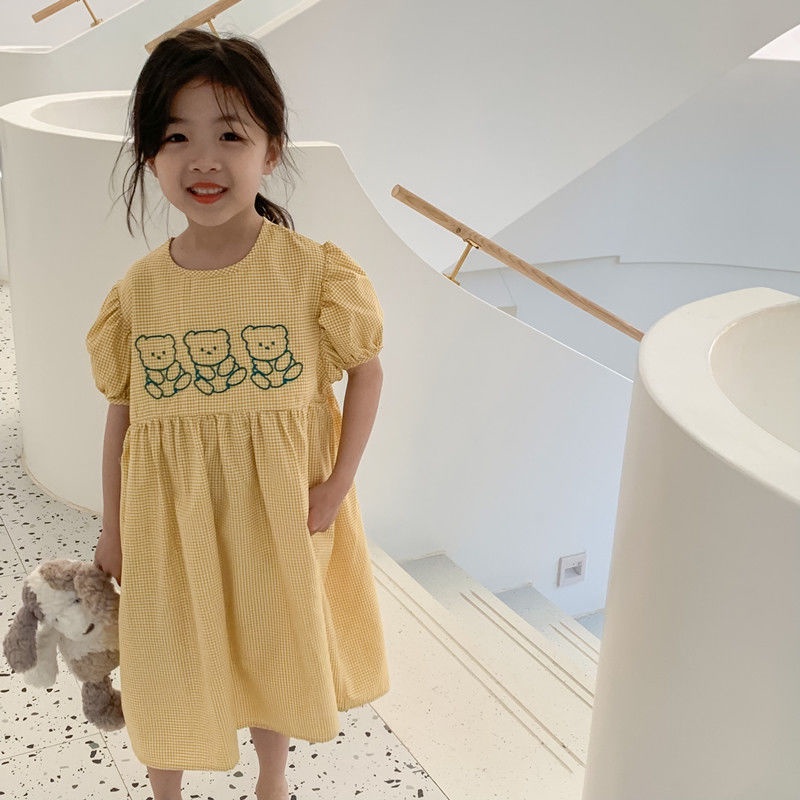 Đầm Công Chúa Dáng Rộng Tay Phồng Thêu Hình Gấu Dễ Thương Thời Trang Mùa Hè Hàn Quốc Cho Bé Gái 2022