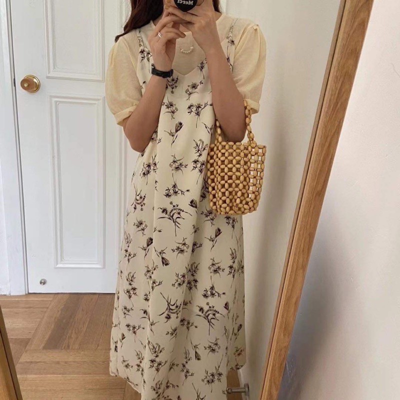 Váy 2 dây hoa cỏ vintage - Đầm hai dây dáng dài qua gối (hàng sẵn) | BigBuy360 - bigbuy360.vn