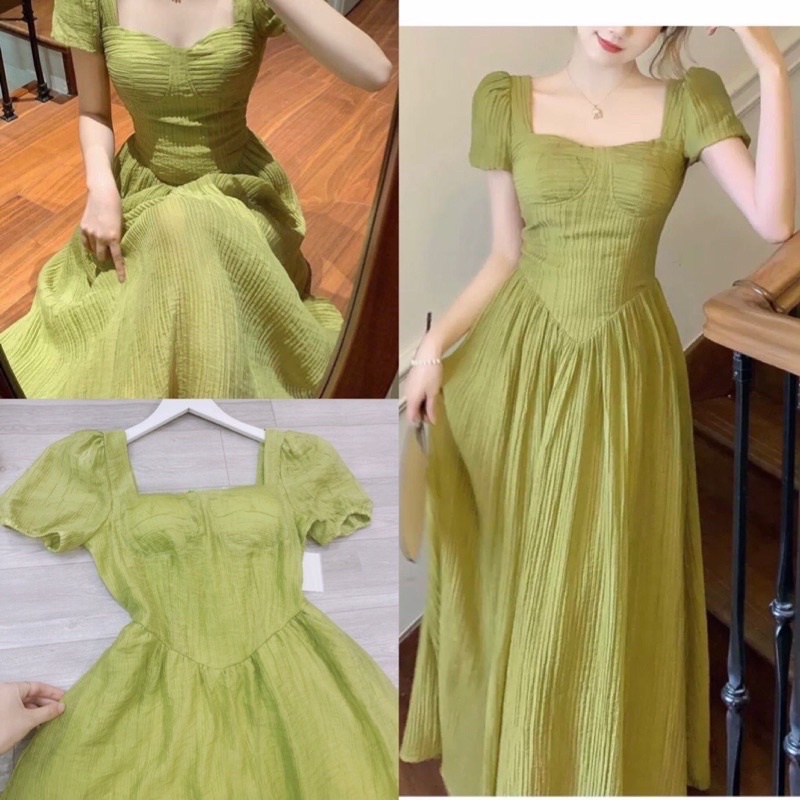Đầm cổ vuông xanh tay bồng dáng xoè thắt eo