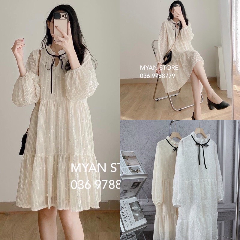 Đầm Ren Tay Dài Dáng Babydoll 2 Lớp Buộc Nơ Xinh, Váy Thu Đông Phong Cách Hàn Quốc