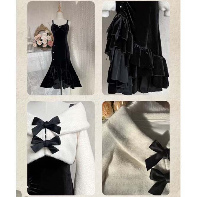 YAS0305-Set áo váy nhung đuôi cá phong cách retro