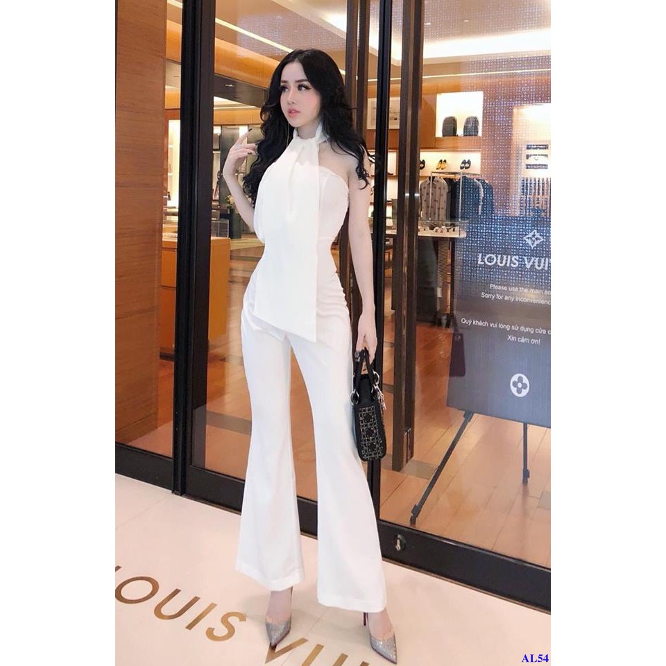 Jumpsuit Trắng Dài Cúp Ngực Ống Rộng Phối Dây Cổ