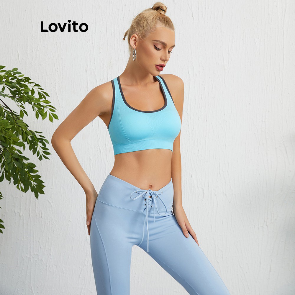 Áo ngực thể thao Lovito viền chéo màu xanh dương L09030