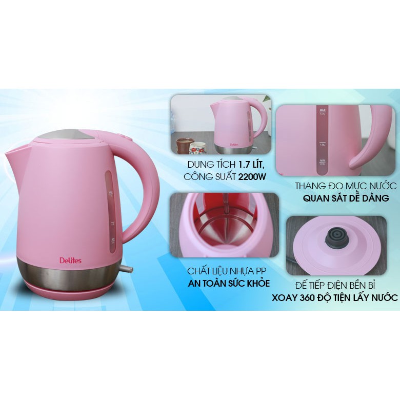 Bình siêu tốc Delites 1.7 lít ST17P03 hồng