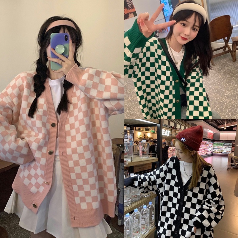 Áo cardigan len nữ caro ô vuông bàn cờ khoác ngoài Quảng châu cao cấp mới nhất thu đông hot trend 2022 kozoda AC52