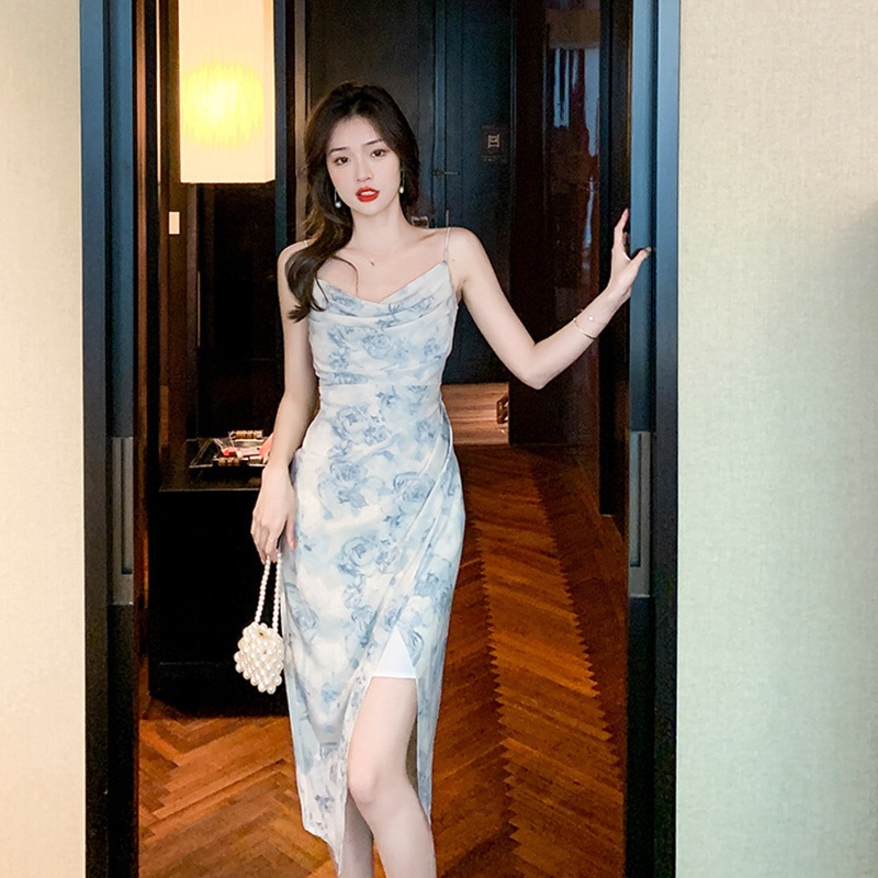 Đầm không tay IELGY màu xanh dương thanh lịch kiểu pháp cho nữ