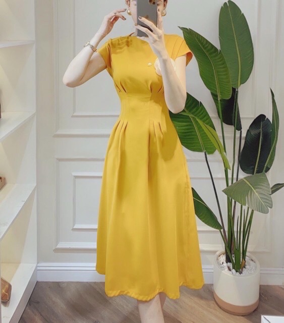Đầm váy tay con xếp li eo 4 màu