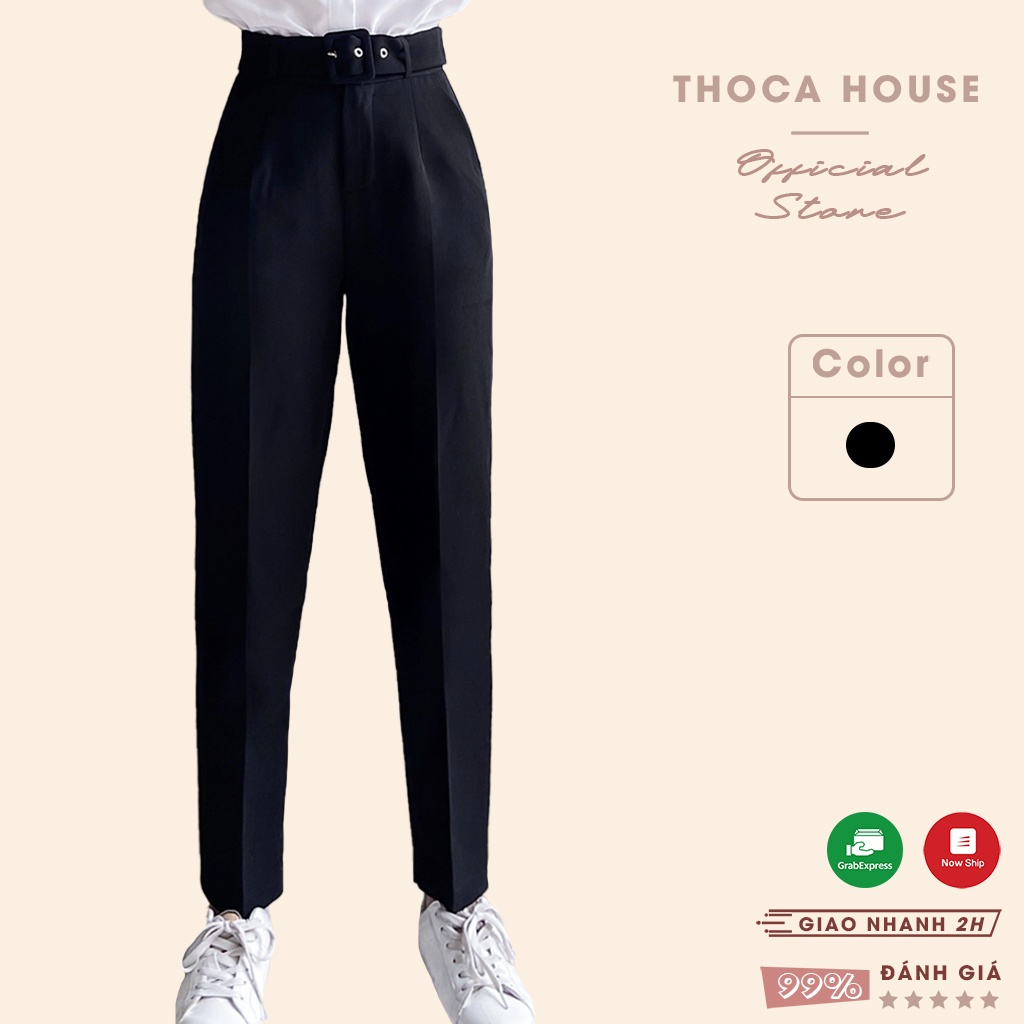 Quần baggy nữ công sở trơn đen cạp cao kèm thắt lưng THOCA HOUSE có size, chuẩn form chuyên nghiệp