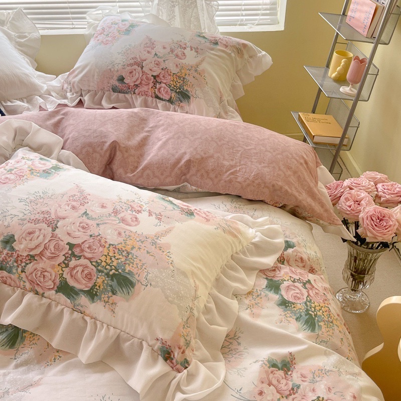 Set 4 món cotton bèo ren hoa hồng pháp
