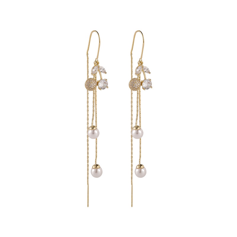 Bông tai dài tua rua đính đá pha lê hình quả cherry thời trang 2021 cho nữ