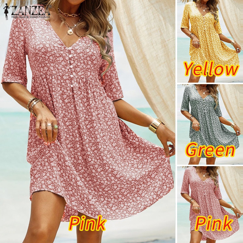 Zanzea Đầm Midi Tay Ngắn Cổ Chữ V Họa Tiết Hoa Phong Cách Châu Âu Thời Trang Cho Nữ