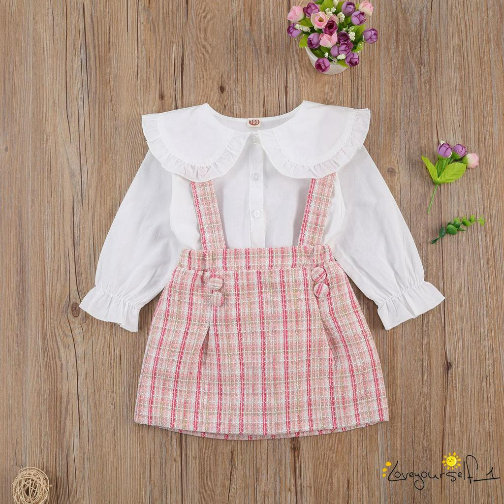 Set Áo Sơ Mi Dài Tay Cổ Peter Pan + Chân Váy Yếm Đáng Yêu Cho Bé Gái
