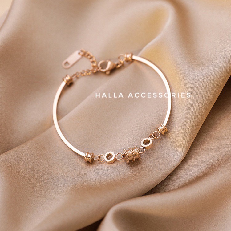 Vòng tay Lắc tay TITAN màu Rose Gold cao cấp mặt hình trụ  HALLA VT105