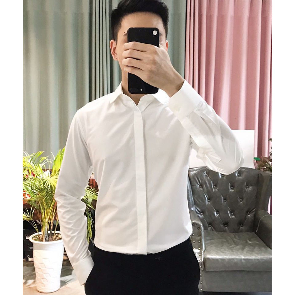 Áo sơ mi trắng chất liệu lụa hàn quốc slim fit