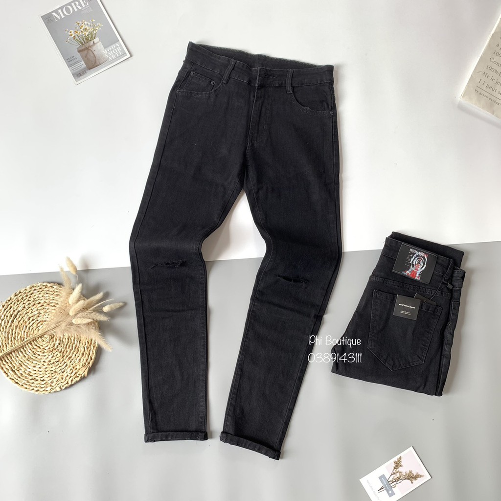 Quần jean bò nam denim slimfit đen trơn và rách gối đơn giản basic đi học rẻ đẹp