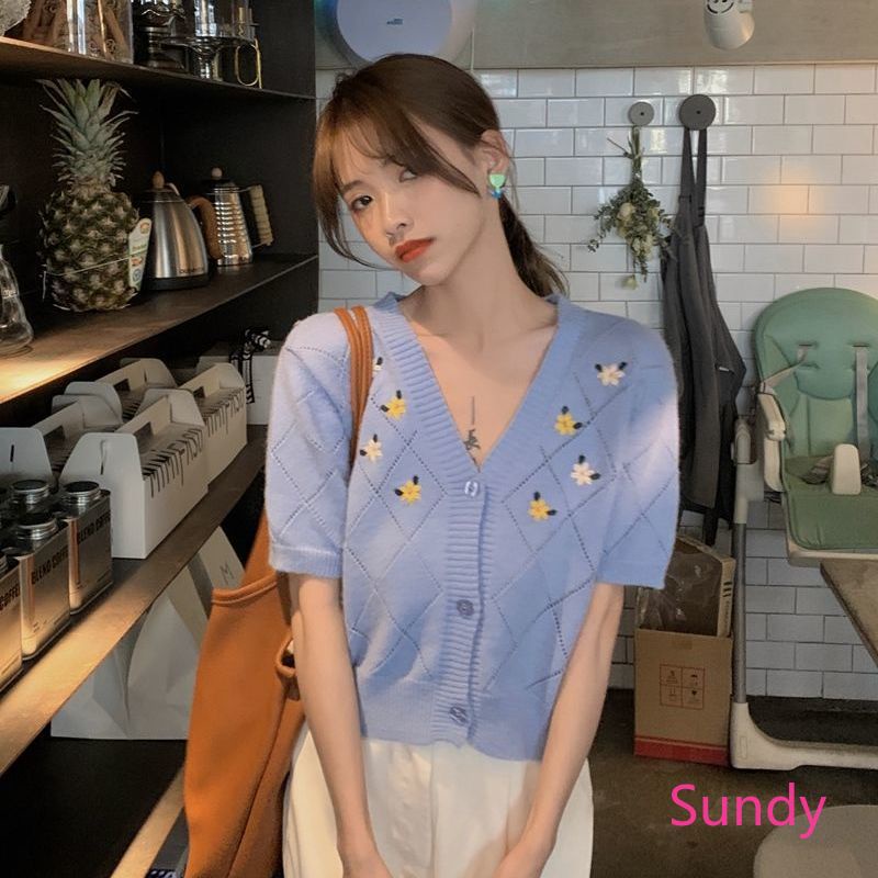 Áo Dệt Kim Tay Ngắn Thêu Họa Tiết Xinh Xắn Thời Trang Mùa Hè Cho Nữ