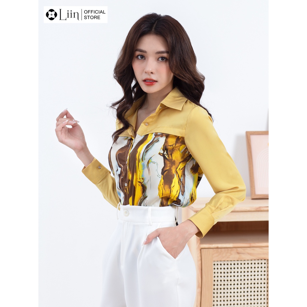 Áo sơ mi màu Vàng Phối Loang chất lụa cao cấp không nhăn Liin Clothing SM3065