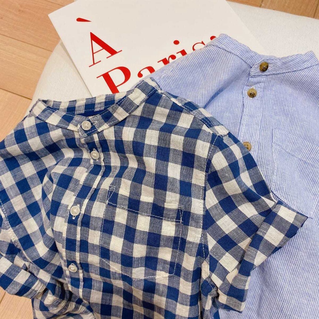 Áo Sơ Mi Cotton Lanh Tay Dài Kẻ Sọc Caro Cổ Tròn Thời Trang Hàn Quốc 0330