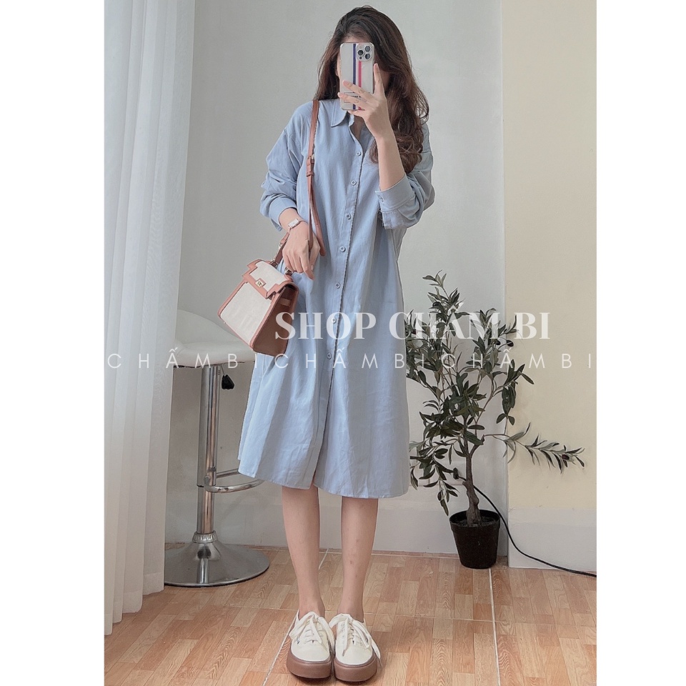 Váy nữ xinh V.094, Váy sơ mi kaki cổ đức dáng dài xẻ tà 4 màu năng động - Thời trang nữ Chấm Bi