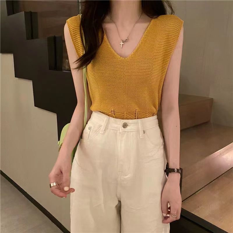 Áo Len Không Tay Màu Sắc Đơn Giản Cho Nữ 164552 Áo Hai Dây Dáng Rộng Cổ Chữ v Thiết Kế Đơn Giản Thời Trang