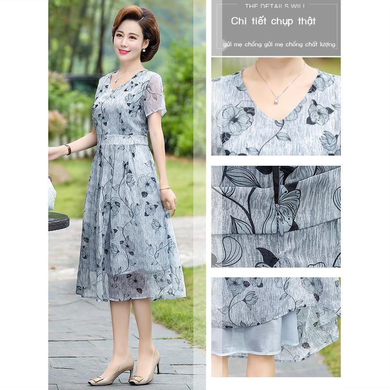 ﺴ▲Mẹ trung niên váy ngắn tay mùa hè voan cho bà 50 tuổi dài qua gối phụ nữ và cao