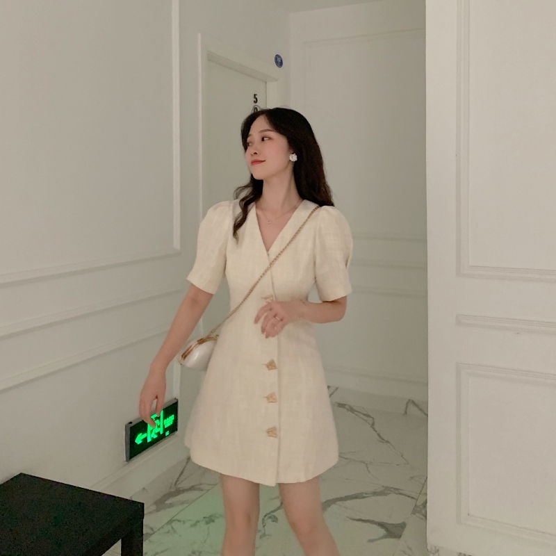 Đầm Tay Phồng Cổ Chữ V Họa Tiết Sọc Caro Thời Trang Mùa Hè Cho Nữ