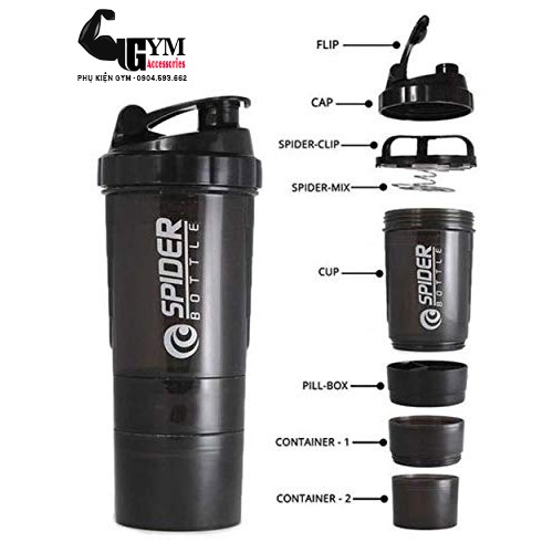 Bình lắc 3 ngăn bình tập gym Spider Bottle màu đen