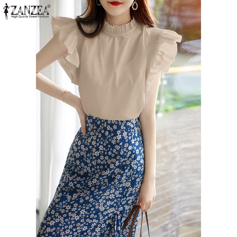 ZANZEA Áo Kiểu Cổ Tròn Tay Loe Cài Nút Sau Lưng Thời Trang Phong Cách Hàn Quốc Cho Nữ