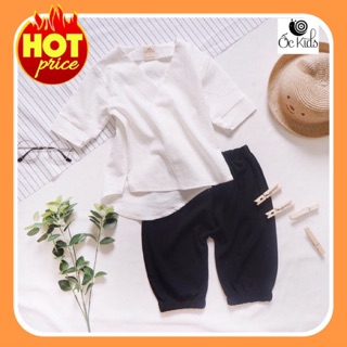 [Sale] Quần áo trẻ em Nunakids Yukata đũi Nhật áo trắng quần đen