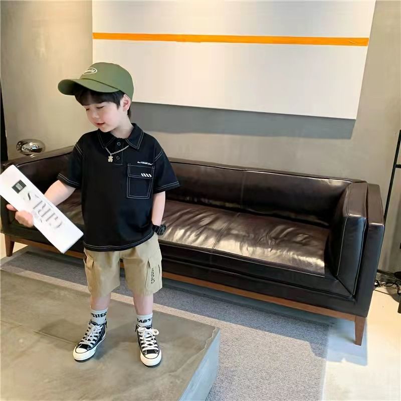 Set Đồ Thể Thao Mùa Hè Gồm Áo Thun Tay Cộc Có Cổ + Quần Bằng Cotton Trơn Phong Cách Phương Tây Cho Bé Trai