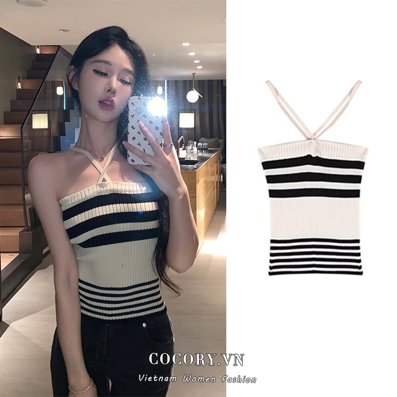 Cocory vn Áo Croptop Dệt Kim Kẻ Sọc Trễ Vai Quyến Rũ Thời Trang Mùa Hè Cho Nữ