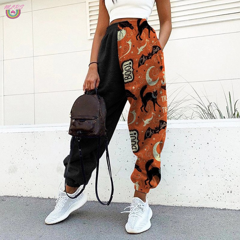 MS Women Loose Fitness Track Pants Colorblock Halloween Print Graffiti Drawstring Casual Pants &VN