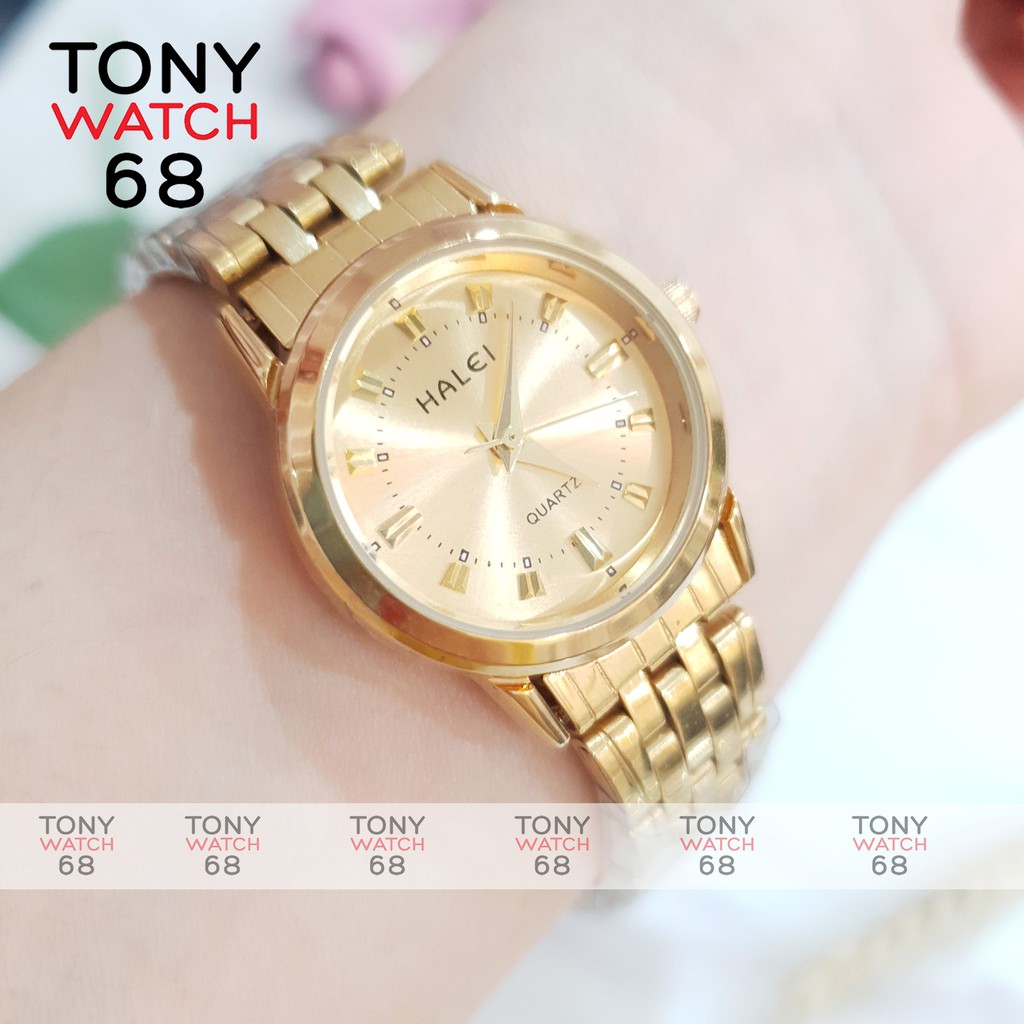 Đồng hồ cặp đôi nam nữ Halei mặt đen dây da kim loại chính hãng Tony Watch 68