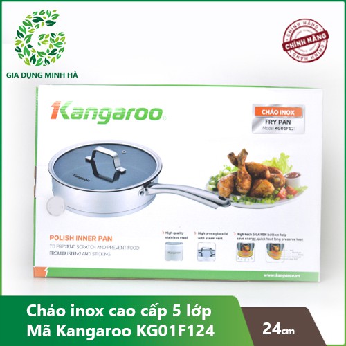 Chảo inox Chống Dính Kangaroo KG01F124 -  Vung Kính Size 24 cm – Bảo Hành Chính Hãng