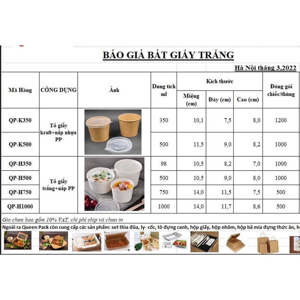 Sỉ 100 Tô Giấy Trắng Nhiều Size 350ml 500ml 750ml 1000ml Kèm Nắp Nhựa Bằng PP Giá Rẻ dùng 1 lần cao cấp