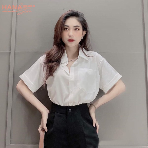 Áo sơ mi nữ cộc tay công sở đi học form rộng kiểu áo sơ mi trắng kem tay ngắn lỡ xắn cổ bẻ Hàn Quốc có túi vải Lanh mát | BigBuy360 - bigbuy360.vn