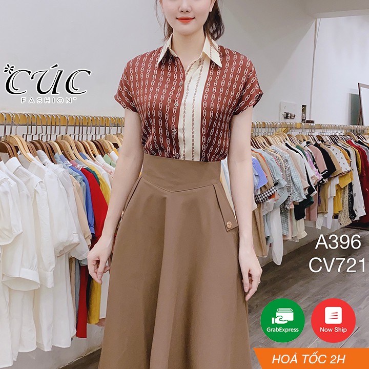 Áo sơ mi nữ ngắn tay công sở cao cấp Cúc Fashion A396 somi nâu xich cổ trắng