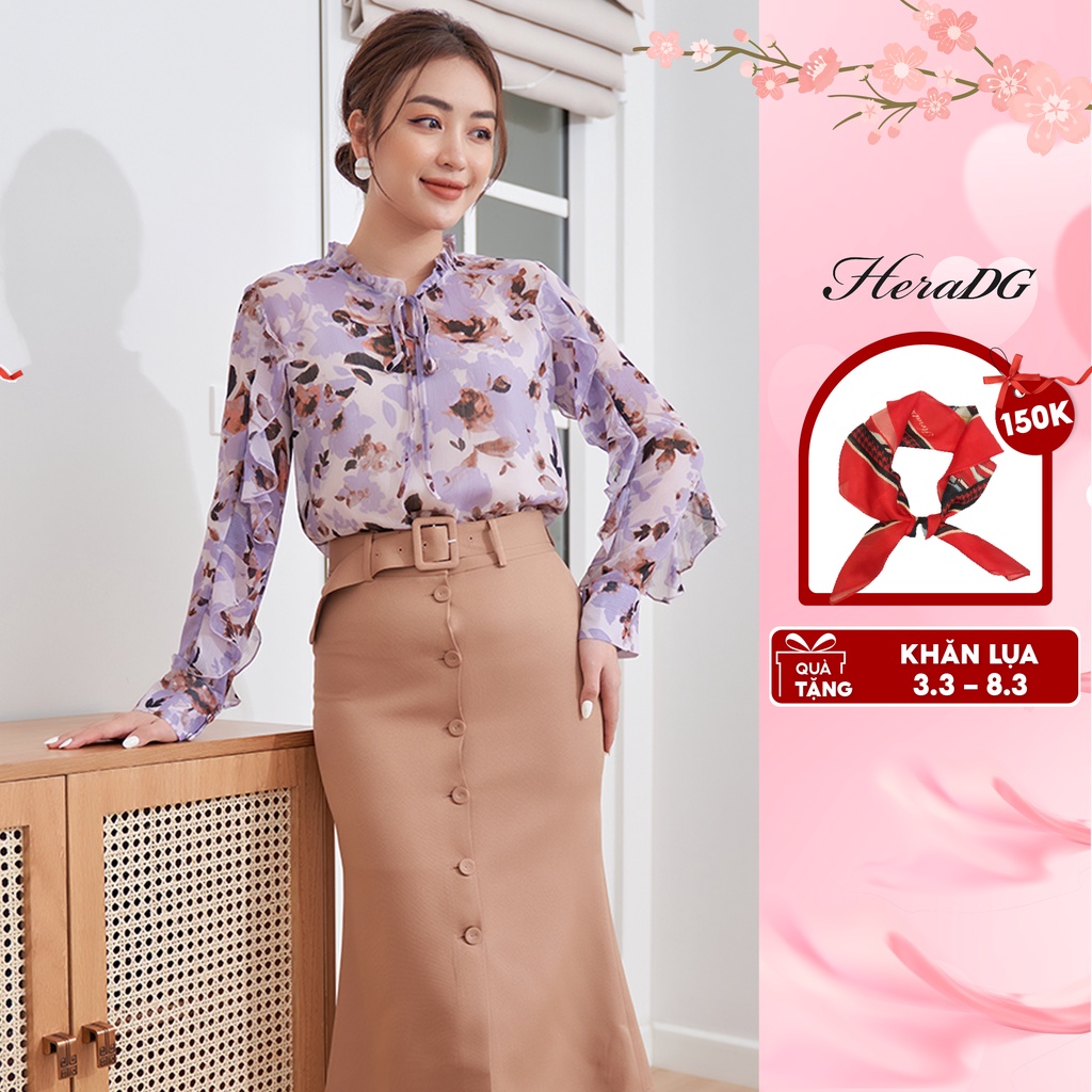 Áo Sơ Mi Công Sở Nữ HeraDG Thiết Kế Cổ Bèo Dài Tay Họa Tiết Hoa Thời Trang, Chất Vải Chiffon Mềm Nhẹ SAKBA020