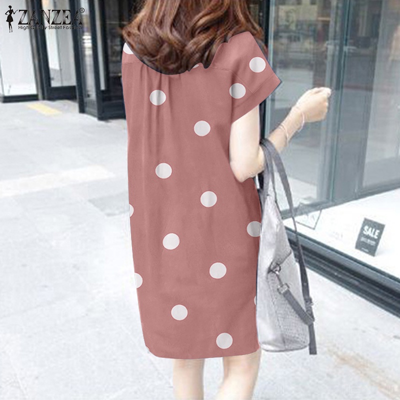 Đầm ZANZEA dáng dài qua gối tay ngắn cổ tròn in họa tiết chấm bi phối túi thời trang tùy chọn màu sắc dành cho nữ