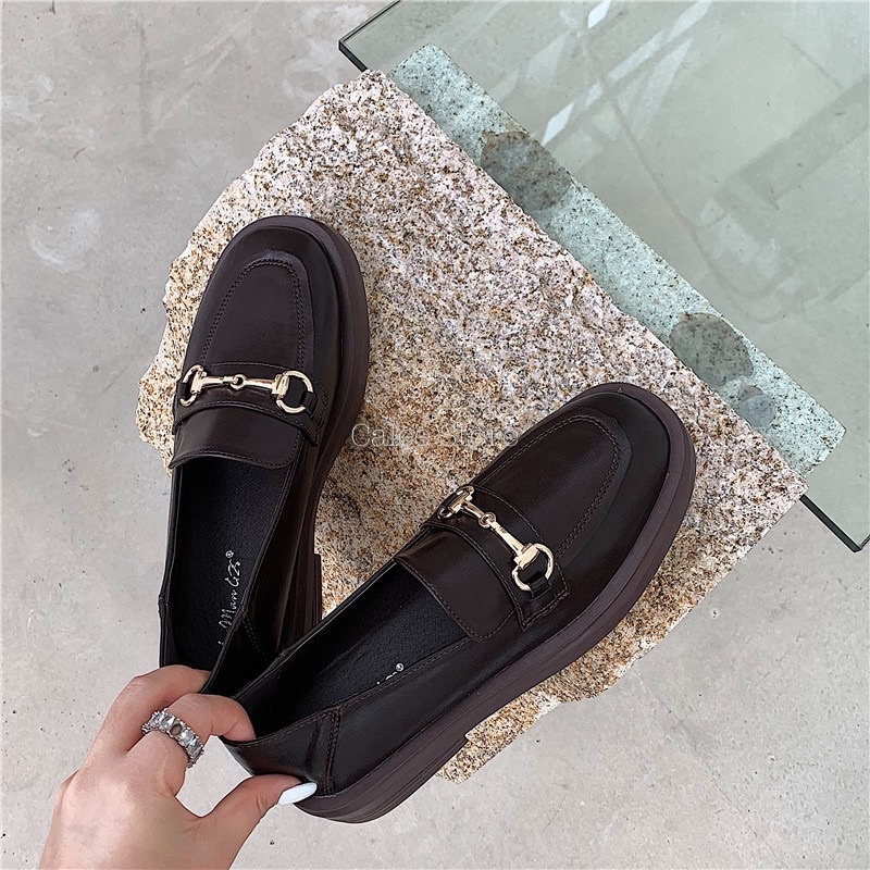 DA MỀM CÓ SẴN Giày Moccasin Moca Nữ mũi vuông đế 3cm da lì mềm màu đen và nâu dẫm gót fullbox freeship