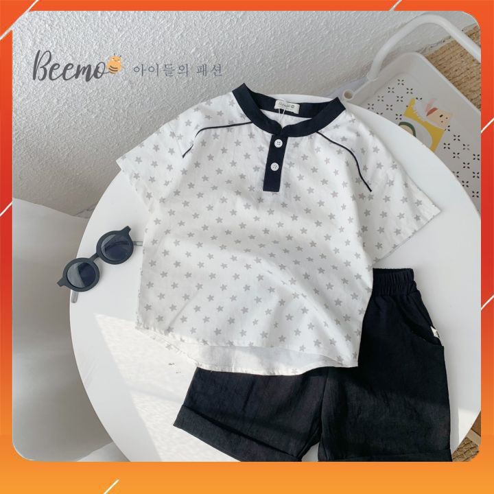 Bộ quần áo sơ mi cổ tàu💥𝐅𝐑𝐄𝐄𝐒𝐇𝐈𝐏💥Thiết kế hoạ tiết hình sao cùng+quần kaki Hàn Quốc cho bé 8-22kg